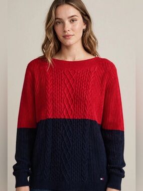 Tommy Hilfiger Red & Navy Cable-Knit Colorblock Crew Sweater